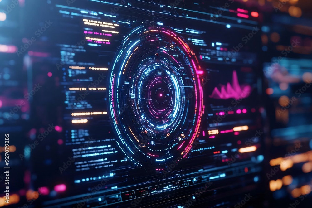 Poster futuristic digital interface with glowing elements and intricate data visualization, ideal for techn