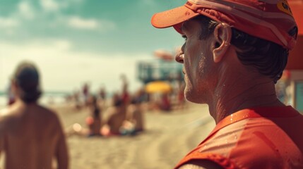 Obraz premium A male lifeguard helps to check on the safety of tourists who are having fun swimming together on the beach.