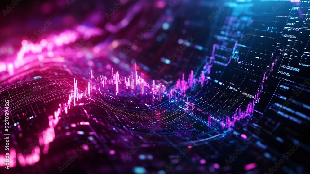 Poster vibrant abstract digital visualization of data waves and patterns representing analytics and technol