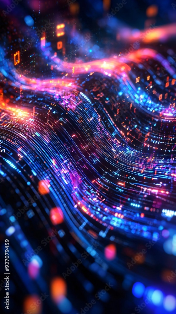 Poster vibrant abstract waves of light and color, representing digital data flow and technology in a captiv