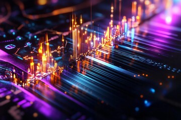Obraz premium Vibrant abstract representation of data streams and digital connectivity with glowing elements and intricate circuit patterns.