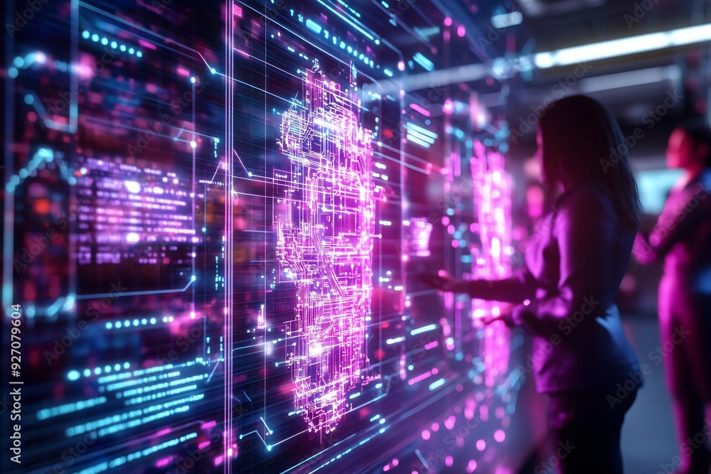 Poster a businesswoman interacts with a futuristic digital interface filled with vibrant data visualization