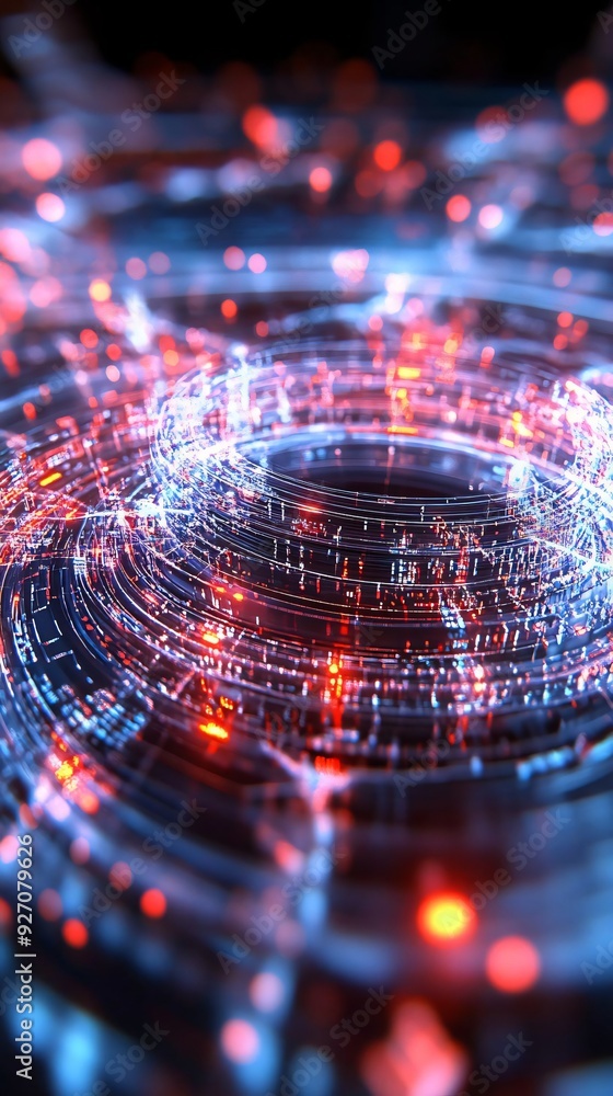 Poster a captivating abstract design featuring glowing circles and lines, illustrating a vibrant digital ne