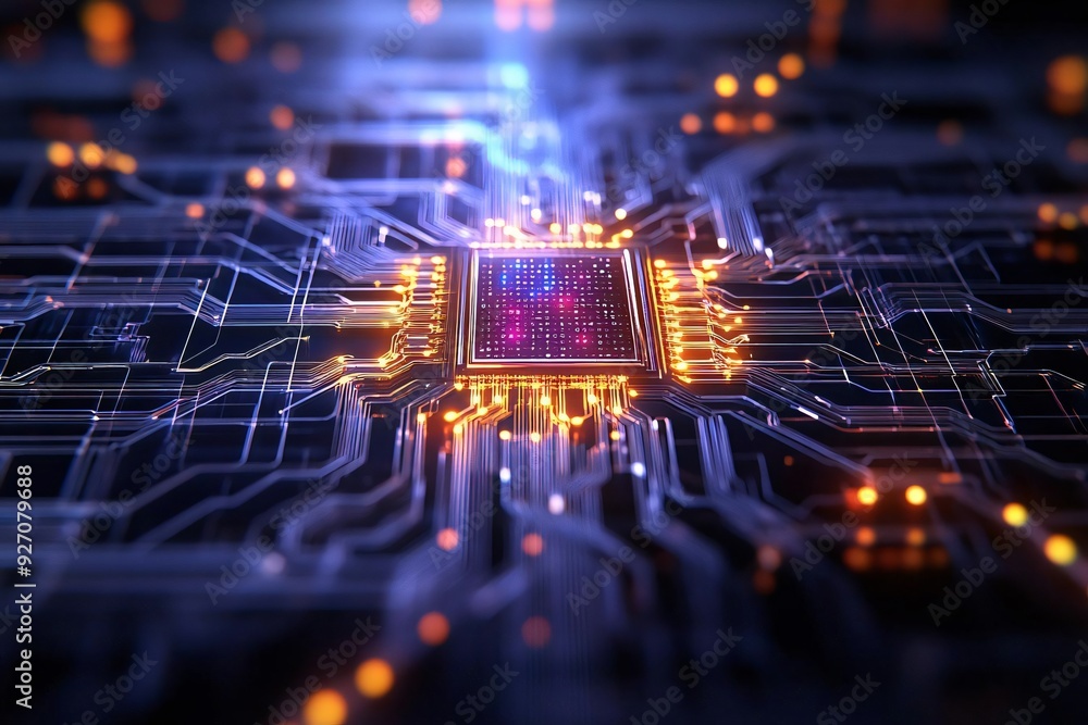 Poster a close-up view of a microchip on a futuristic circuit board, featuring glowing lines and nodes, sym