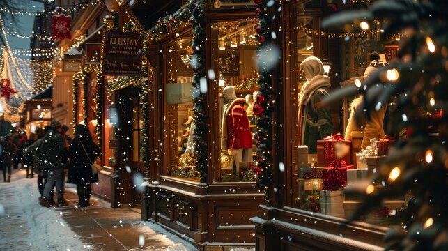 Festive Christmas Storefront with Twinkling Lights, Garlands, and Mannequins Dressed in Holiday Attire