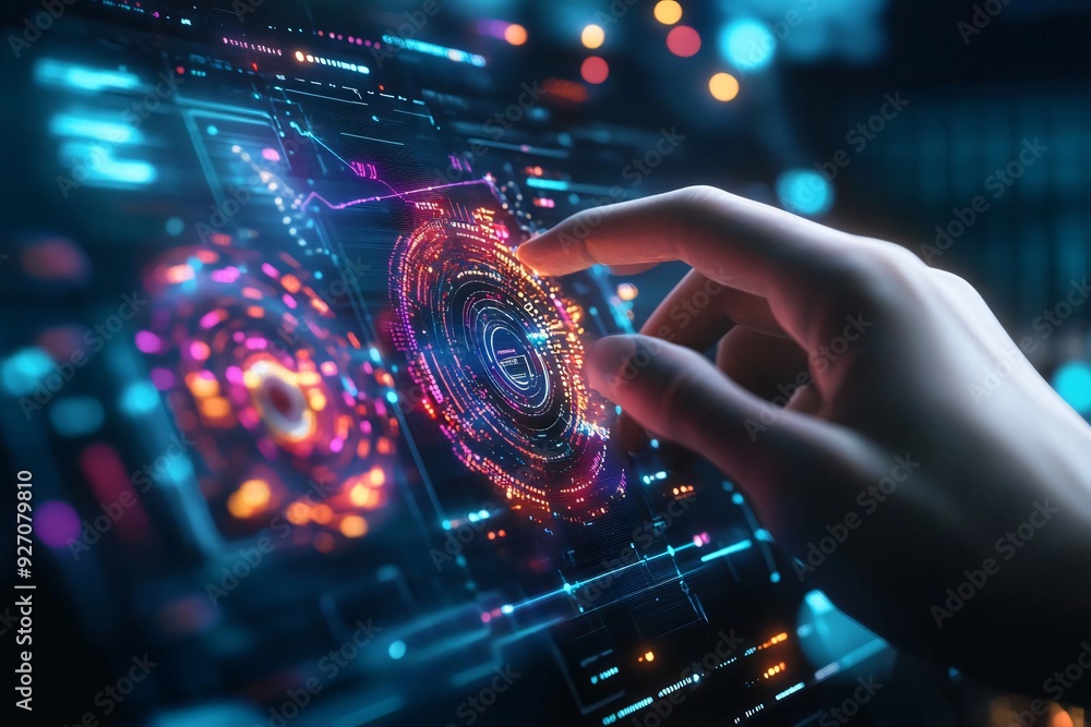 Poster a hand interacting with a vibrant digital interface filled with colorful graphics and technological 