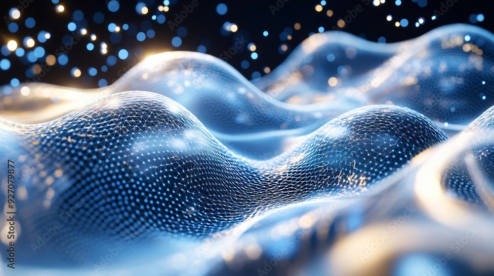 Poster a mesmerizing wave of glowing particles and soft undulating forms, creating a futuristic and etherea