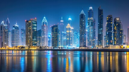 Obraz premium High angle view of skyscrapers in the financial and business district at night with lights in a modern big city.