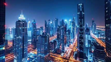 High angle view of skyscrapers in the financial and business district at night with lights in a modern big city.