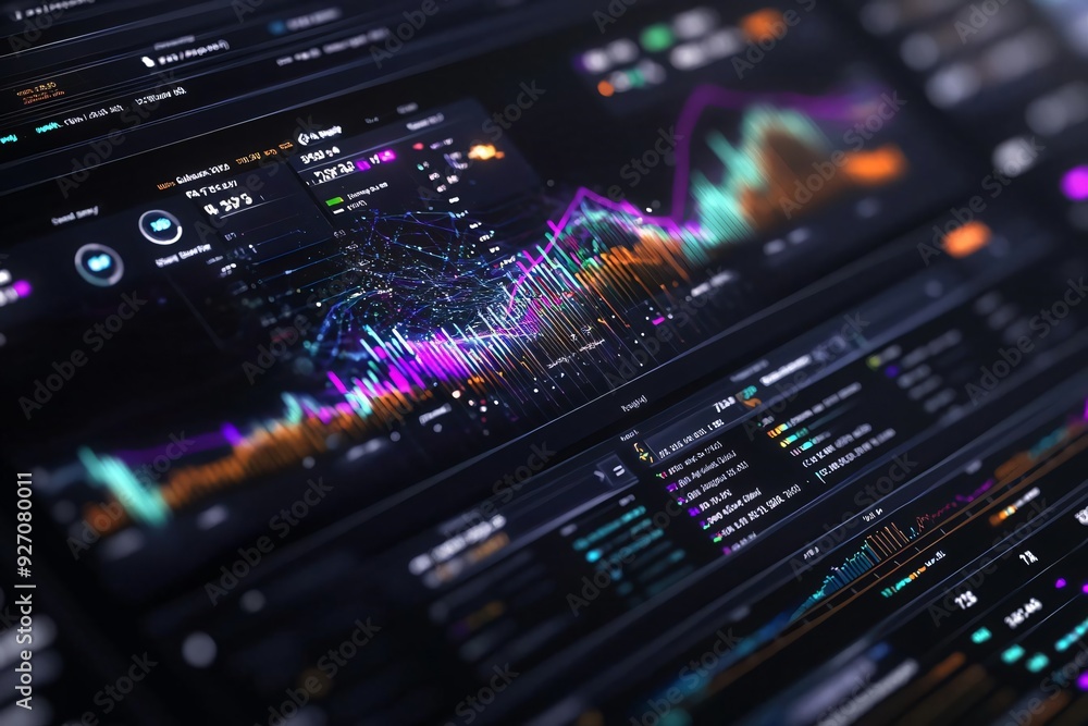 Poster a vibrant financial dashboard displaying colorful data visualizations and analytics for investment a
