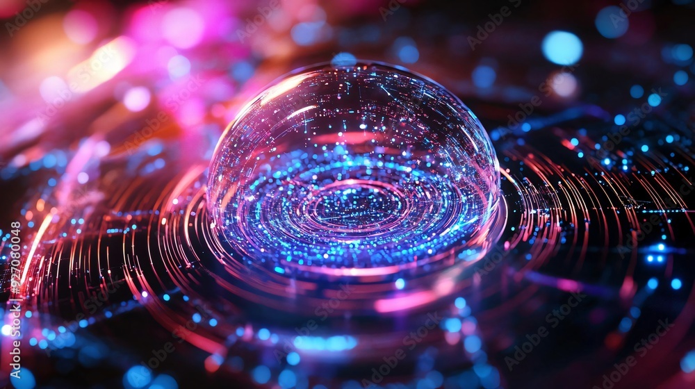 Poster a vibrant sphere of light and color, showcasing shimmering particles and captivating reflections in 