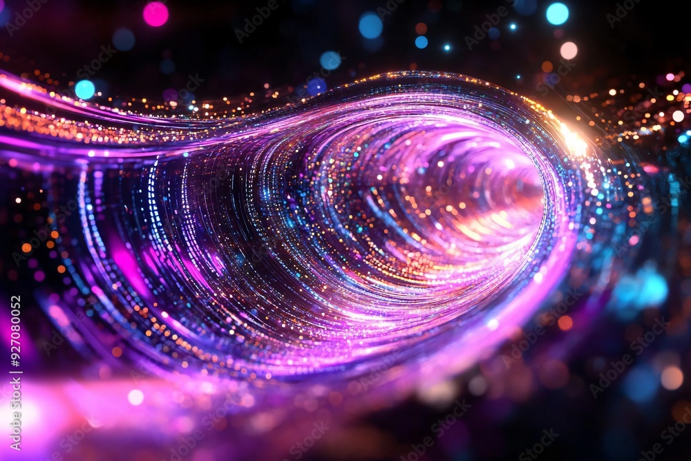 Poster a vibrant swirl of colorful light particles, creating a mesmerizing abstract effect that evokes moti