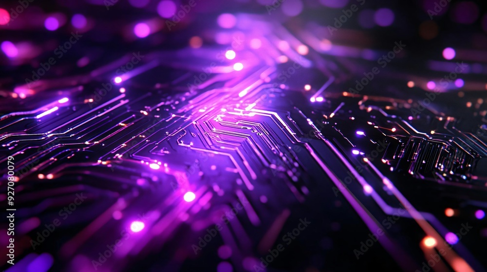 Poster a vibrant, abstract close-up of a circuit board illuminated with purple and orange lights, showcasin