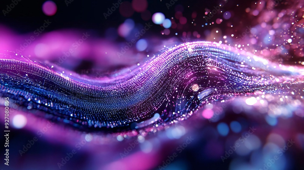 Poster a vibrant wave of colorful particles creating a mesmerizing flow, ideal for backgrounds, tech themed