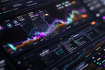 Obraz premium A vibrant financial dashboard displaying colorful data visualizations and analytics for investment and market trends.