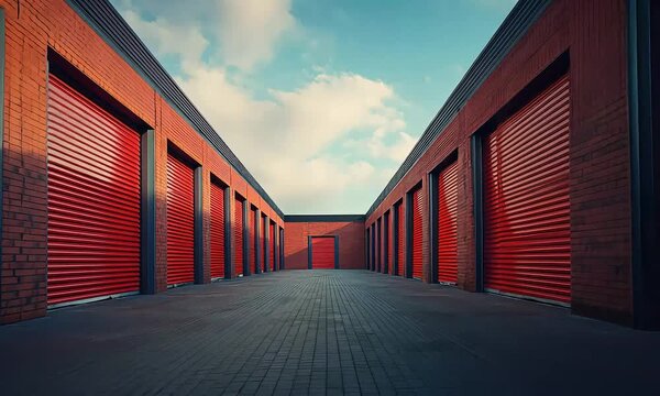 Red rolling doors line a brick building with a paved walkway leading to an open door in the distance under a cloudy sky.