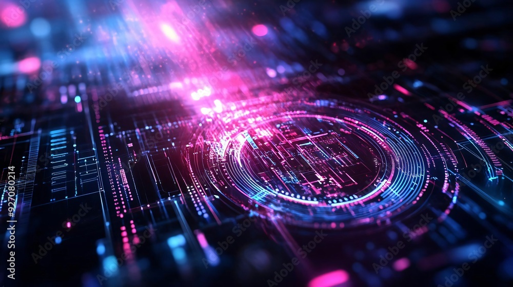 Poster abstract digital design featuring vibrant neon colors and dynamic lines, perfect for technology and 
