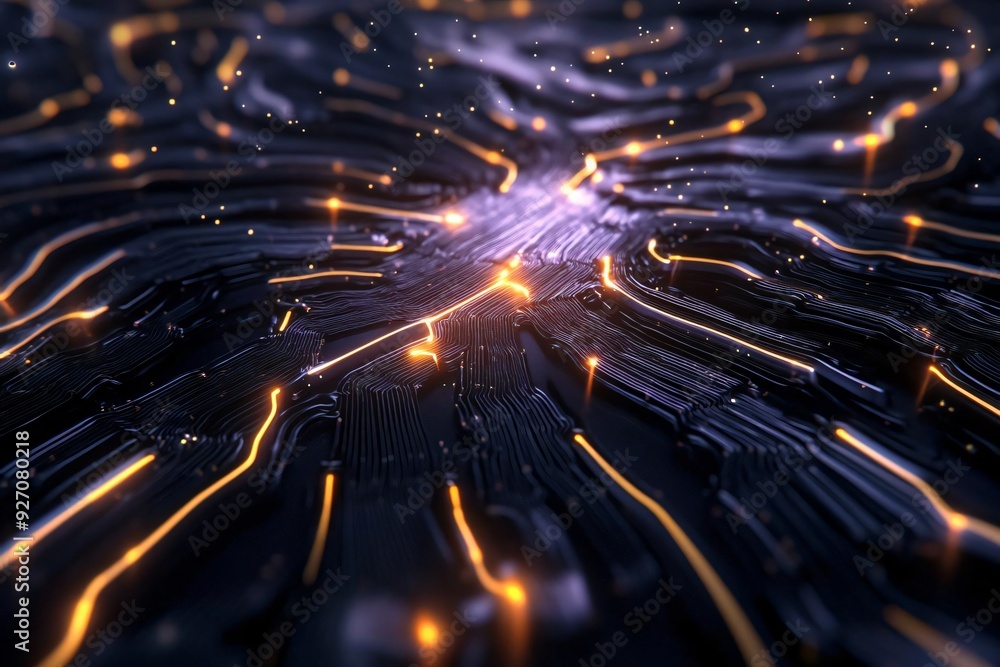 Poster abstract digital landscape with glowing lines and intricate patterns, perfect for tech-themed projec