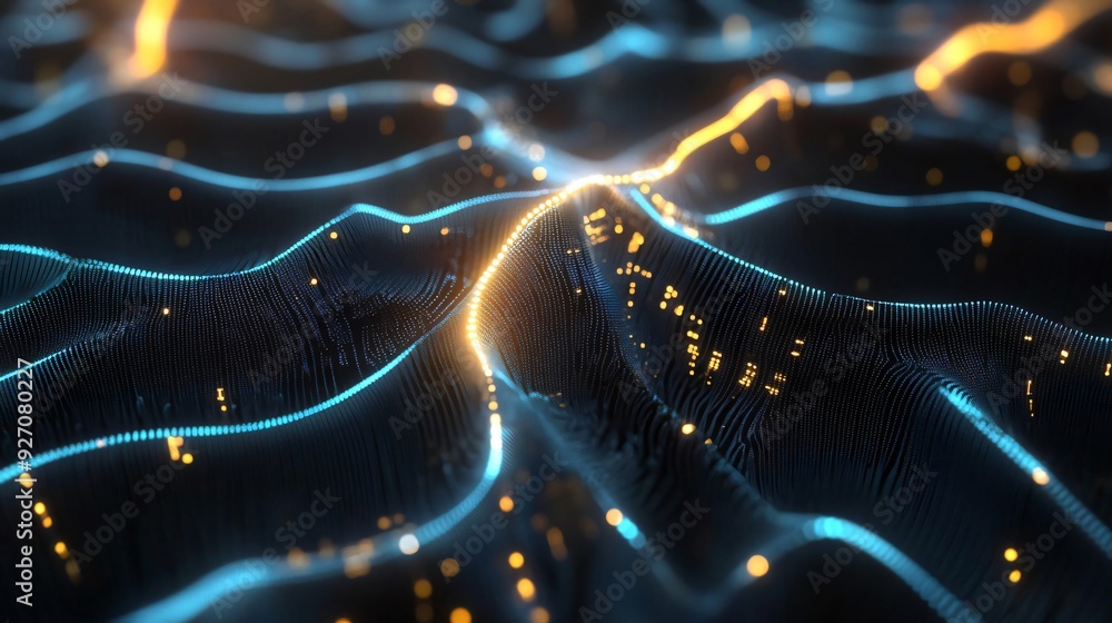 Poster abstract digital landscape with glowing lines and waves, creating a vibrant and dynamic visual effec