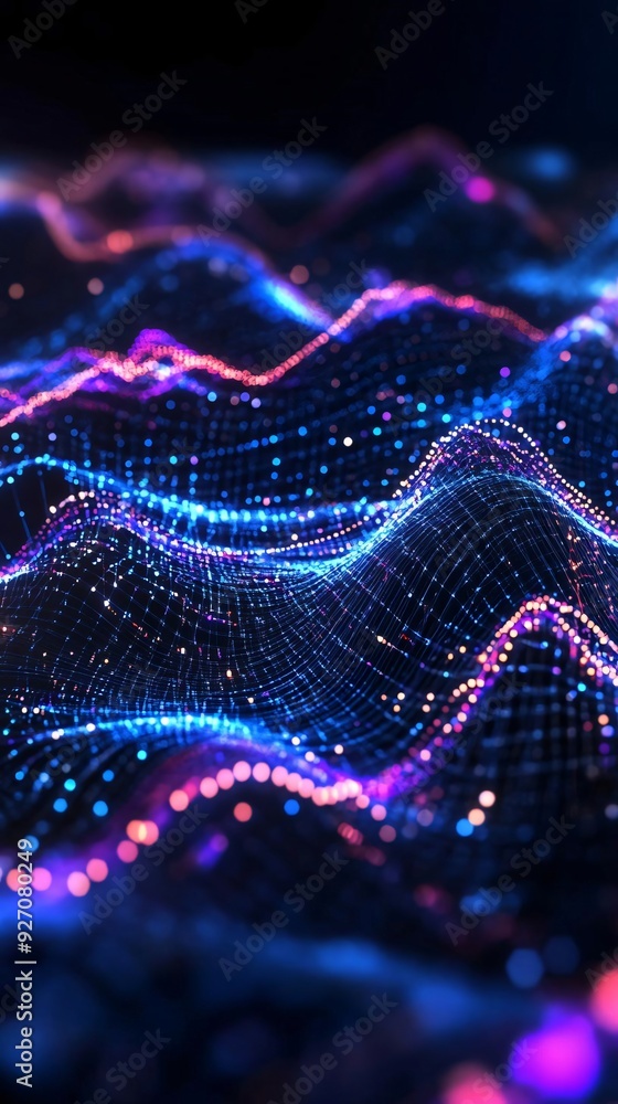 Poster abstract digital waves created by vibrant lights, showcasing a captivating blend of colors and dynam