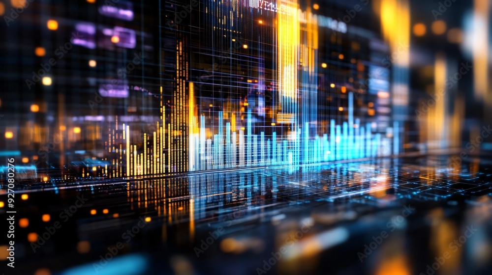 Poster abstract financial data visualization with vibrant graphs and charts reflecting market trends and di