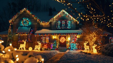 Obraz premium Beautifully Decorated House with Colorful Christmas Lights and Illuminated Lawn Figures at Night
