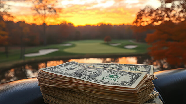 Cash spread out on a golf cart seat, with the course in the background, representing a day of betting and golfing 