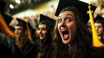 Obraz premium A joyful graduate celebrating at commencement ceremony, expressing excitement and happiness. 