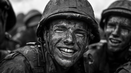 A young soldier smiles broadly, covered in mud and dirt, showcasing sense of camaraderie and joy amidst challenging conditions. 