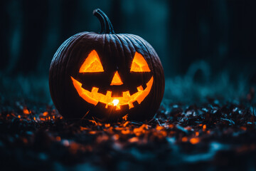 Halloween jack-o-lantern glowing face in the darkness