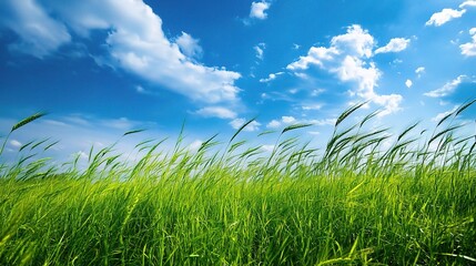 Obraz premium Wind blowing through a field of tall grass, creating waves of movement under a bright blue sky, copy space