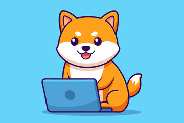  Cute shiba inu dog working on laptop cartoon vector art illustration