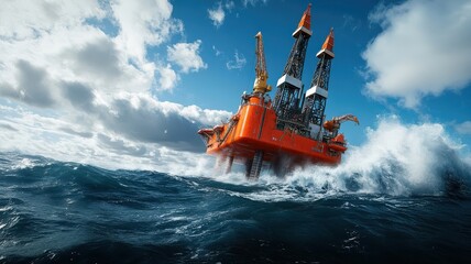 Oil platform battered by waves and wind in stormy ocean.
