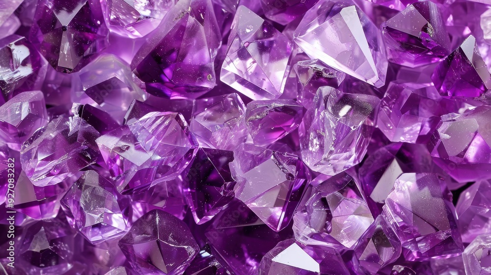 Poster a close-up view of a cluster of purple amethyst crystals, each with a unique shape and sparkle.