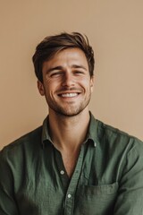 Fototapeta premium Man Smiling Wearing Green Shirt