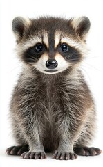 A baby raccoon is sitting on a white surface