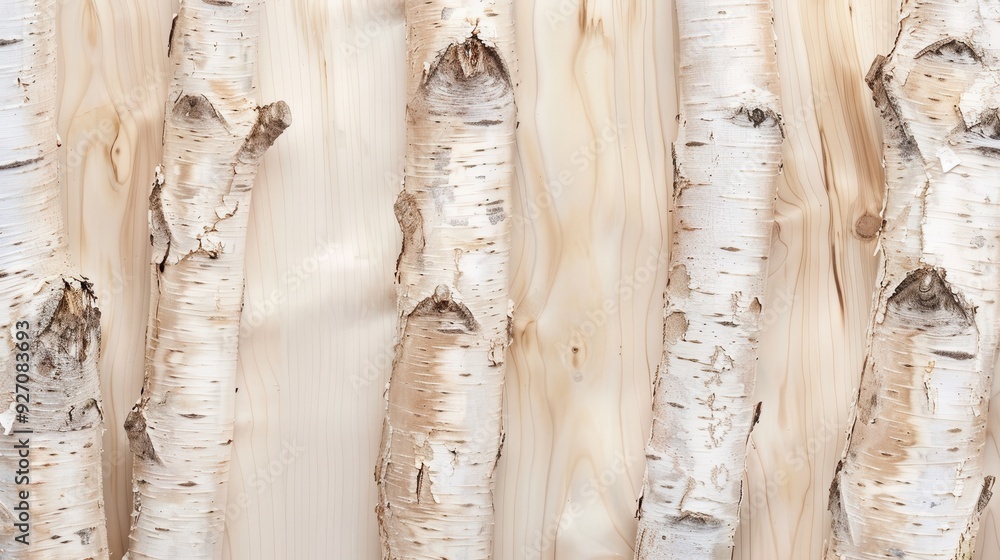 Poster a close up shot of several birch tree trunks with their distinctive white bark and dark brown markin