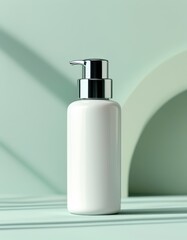 Minimalist White Pump Bottle, elegantly designed with a sleek chrome finish, set against a soft mint green background, evoking a sense of tranquility and modernism.