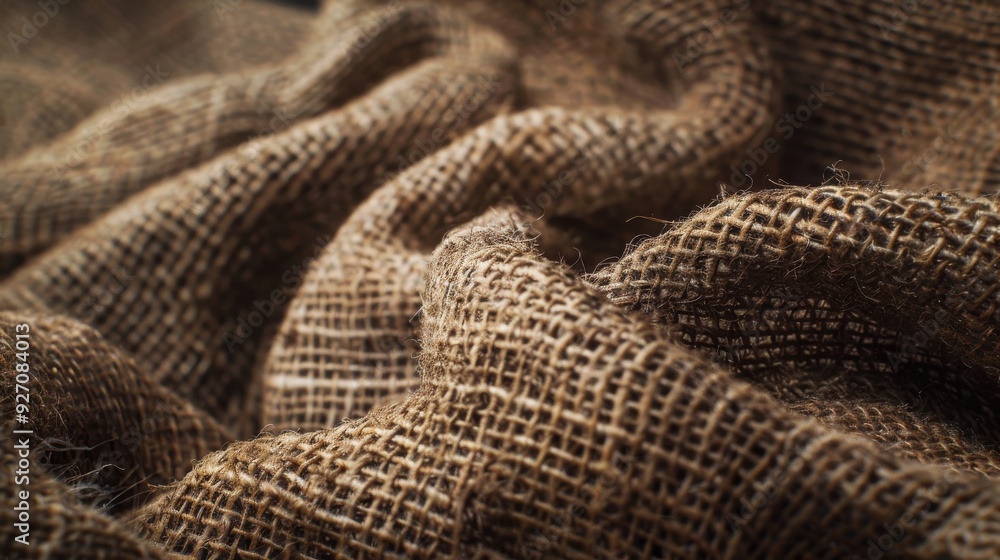 Poster a close-up view of brown burlap fabric, showcasing its rough texture and woven pattern. the fabric i