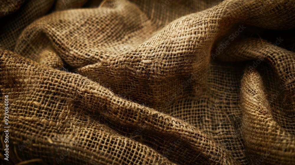 Poster the image shows a close-up shot of a brown burlap fabric, with the fabric textured with wrinkles and