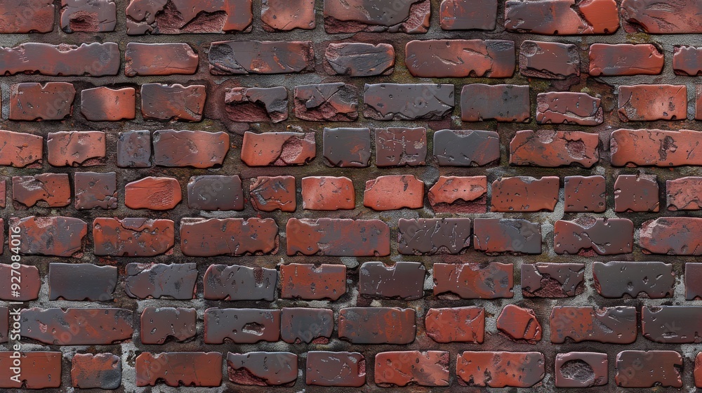 Poster A close-up view of a brick wall surface, displaying a pattern of red bricks with visible mortar joints and signs of weathering, creating a rustic and aged aesthetic.