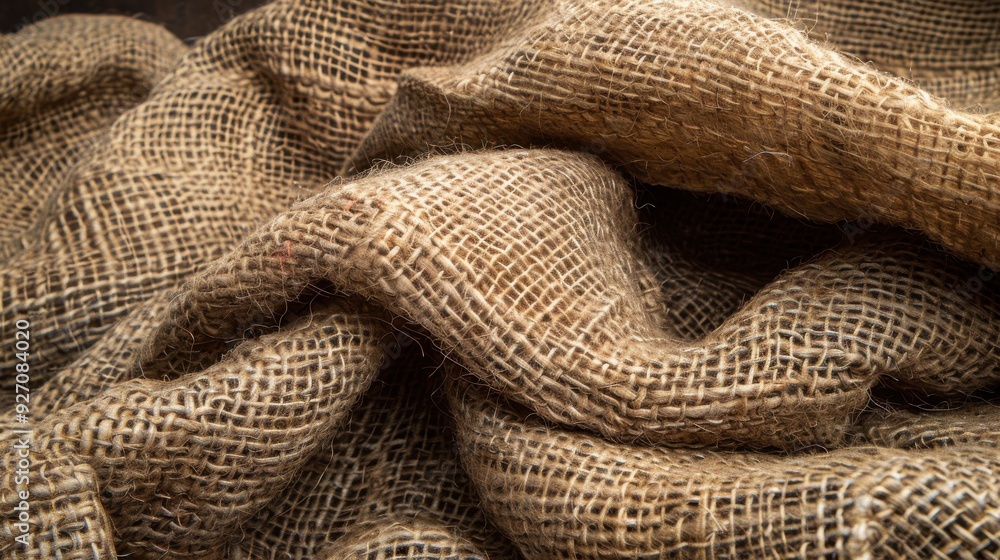 Poster a close-up shot of brown burlap fabric, showing the intricate woven pattern of the material. the fab