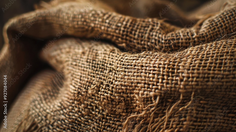 Poster A close-up shot of brown burlap sack material, showcasing the intricate weave of the fabric. The image emphasizes the texture of the rough, natural fibers that make up the sack.