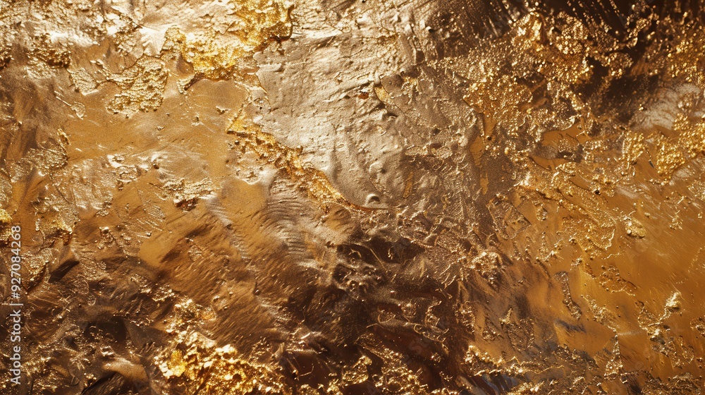 Poster a close-up image of a textured gold paint surface. the paint appears to have been applied in thick l