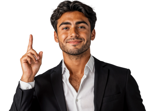 Smiling young businessman showing something with his index finger pointing up, isolated on transparent background