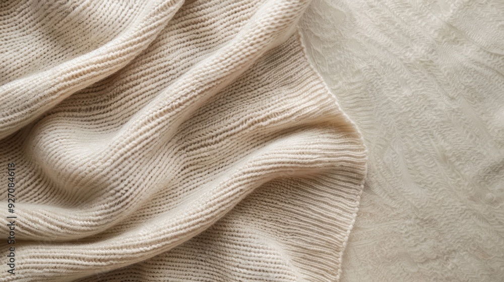 Poster a close-up shot of a soft, knitted fabric with a subtle texture. the fabric is cream-colored and app
