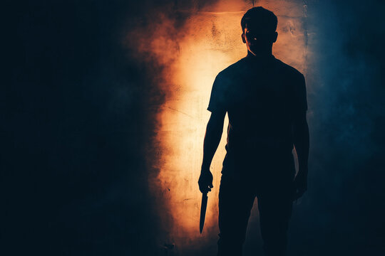 A man holding a knife acts as a serial killer silhouette 