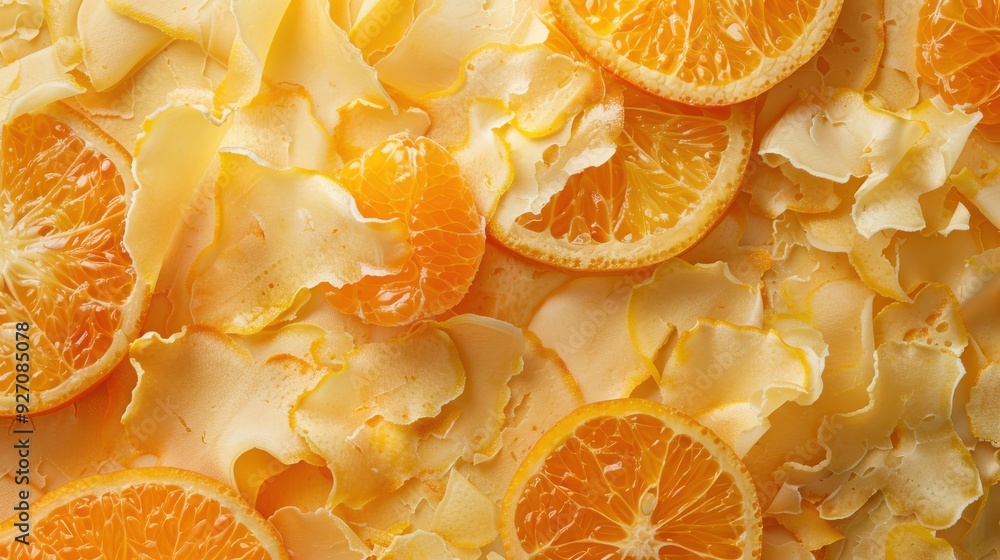 Poster A close-up image shows a variety of orange slices and peels on a white surface. The orange slices are arranged randomly and appear to be fresh and juicy. The peels are curled and slightly translucent.