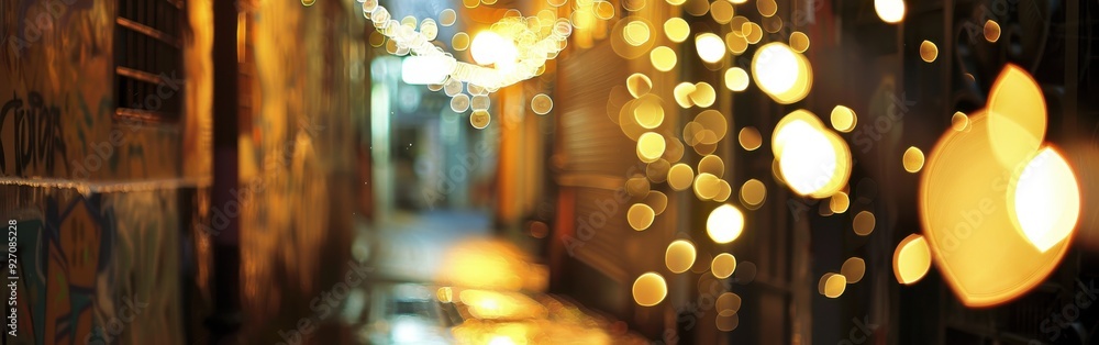 Poster the photograph captures a narrow, dimly lit urban alleyway at night. the walls are covered in colorf