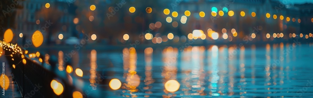 Poster a blurry, abstract photo showing city lights reflected in the still water of a canal or river. the l